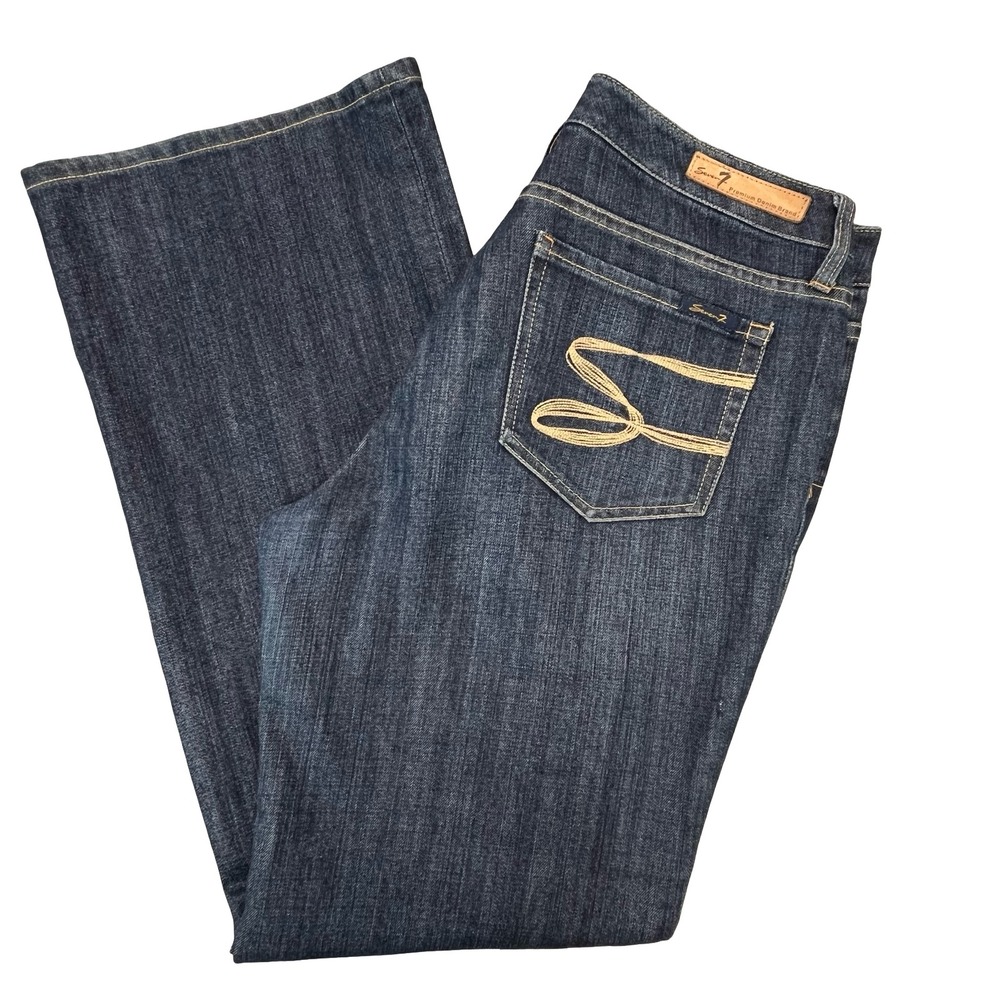 Seven7 Womens Flare Jeans Dark Wash Blue Embroidered Pockets Stretch Boho 12